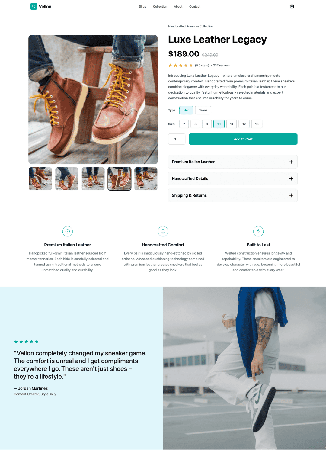 Example AlphaWeb-built leather footwear product page
