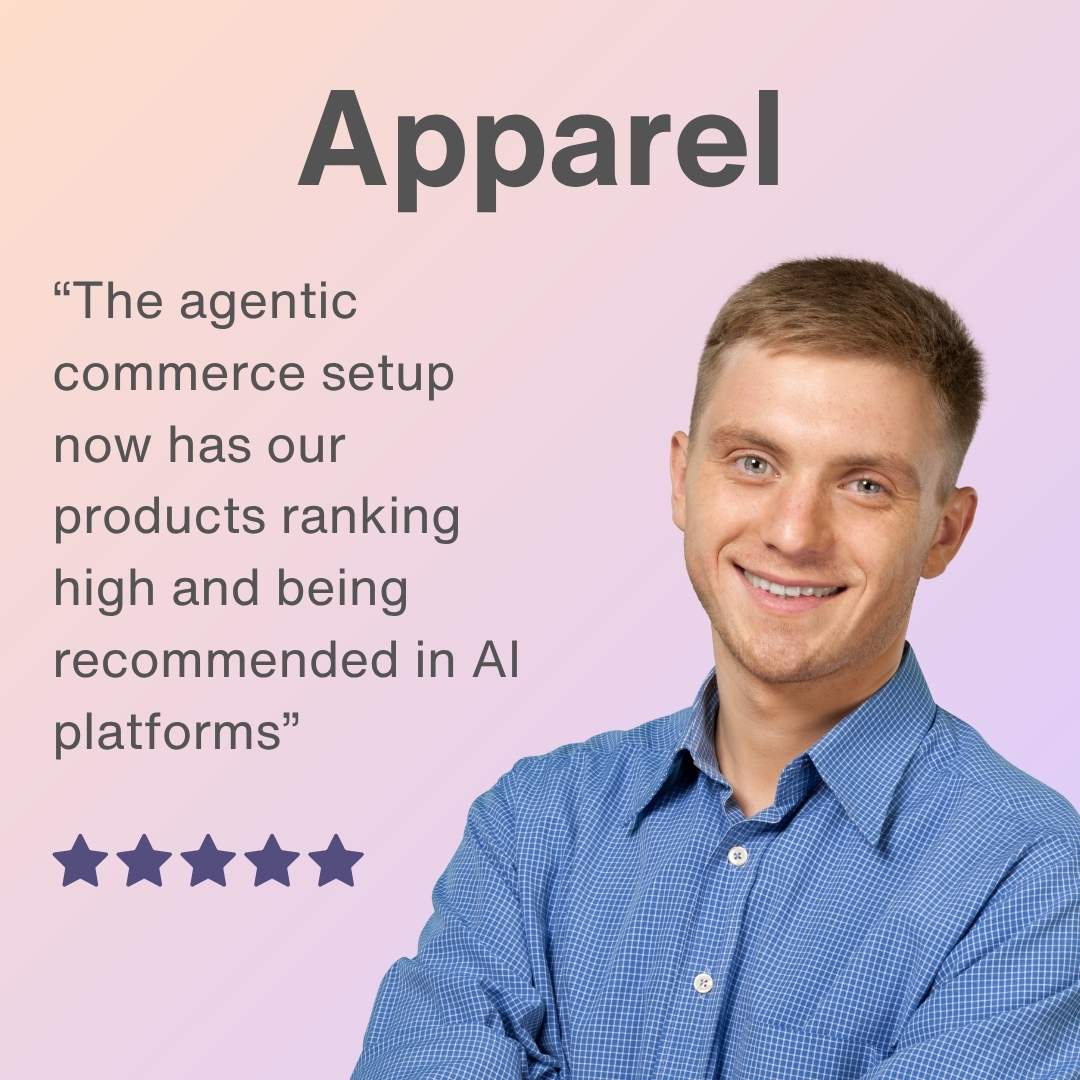 Apparel founder: "The agentic commerce setup now has our products ranking high and being recommended in AI platforms" — 5 stars